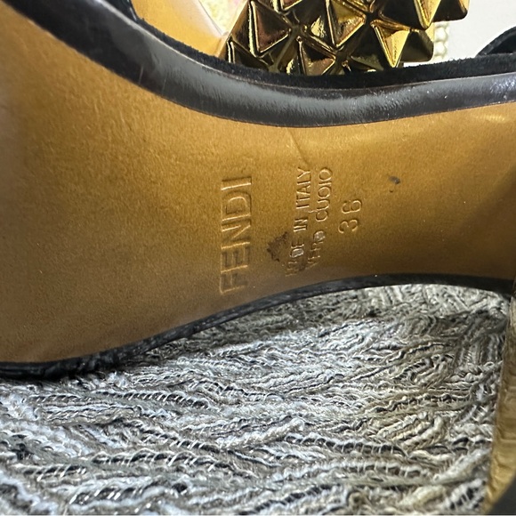 Fendi Black T-Strap Heels with Gold Studded Heel - Picture 12 of 12